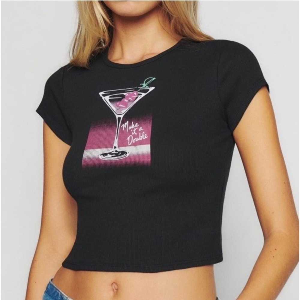Reformation Black Crop Top with Pink Martini Graphic